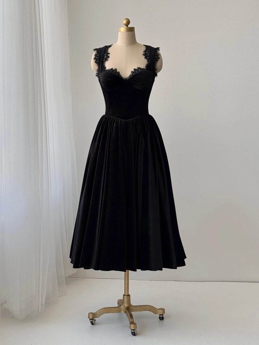 Midnight Sequin Gown by Lumière — black velvet midi dress FW 2025