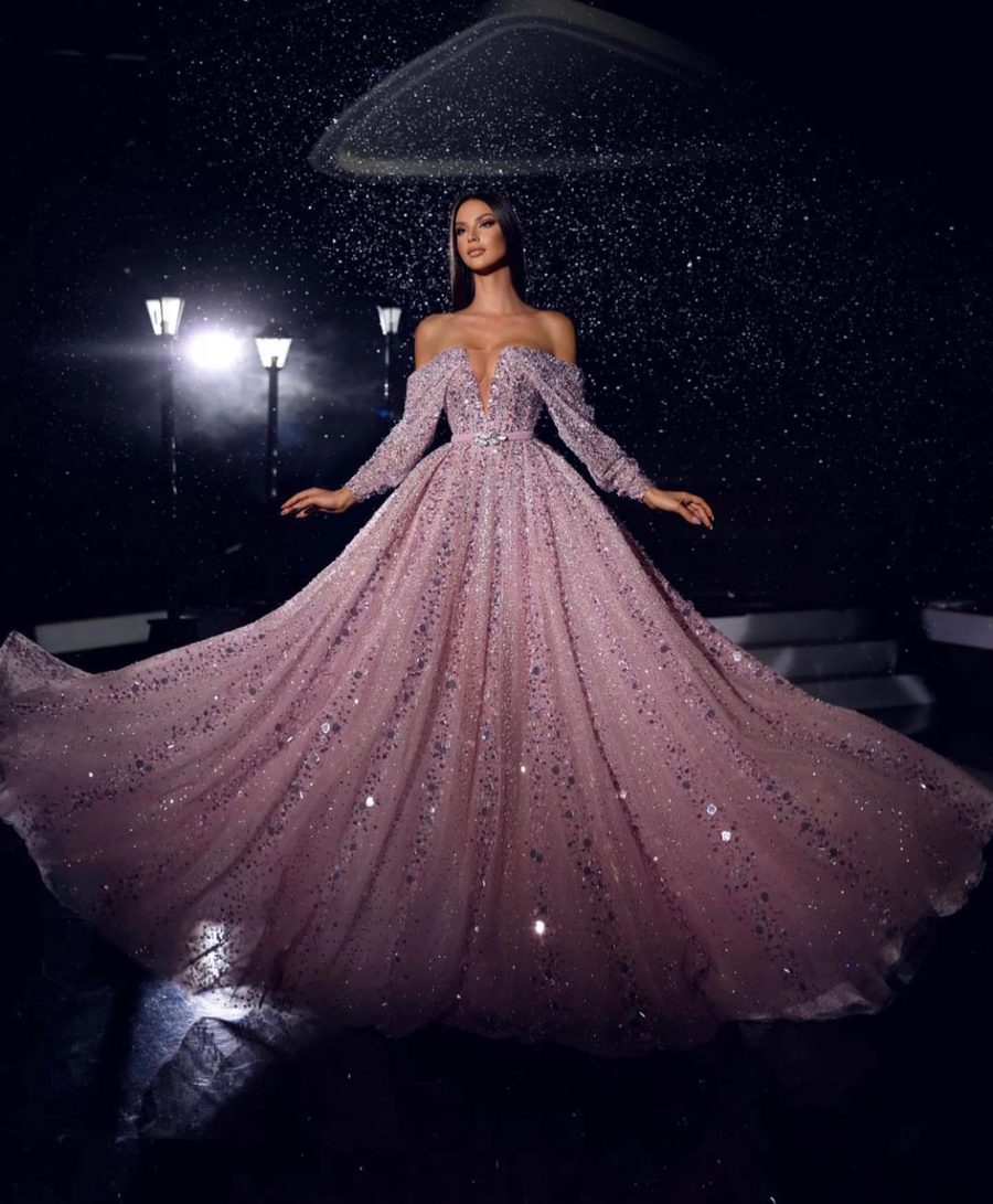 Client wearing Lumière pink ballgown — custom bridal evening wear