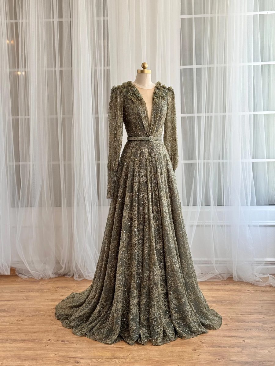 Olive Bosque Gown — Lumière Haute Couture handmade gown