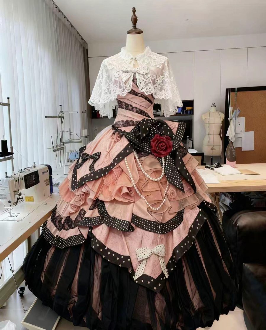 Lumière atelier — pink polka dot gown in progress